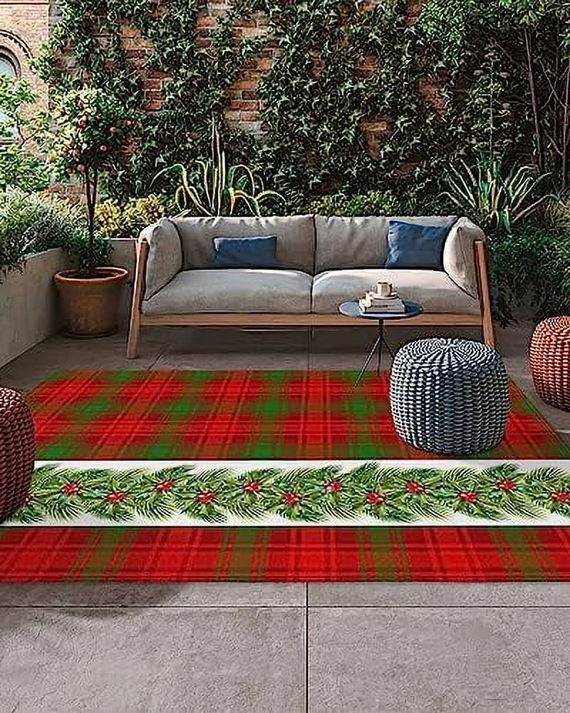 Outdoor Rug Christmas Elk Snowflake Plaid Border Indoor Outdoor Area