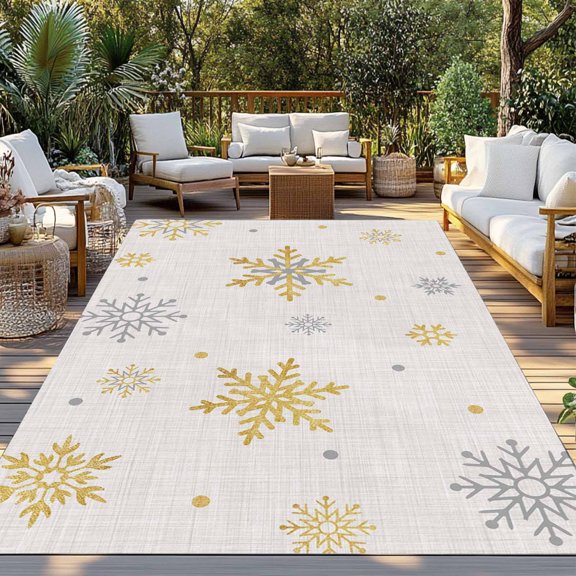 Outdoor Rug, Christmas Gold Snowflake Retro Linen Indoor Area Rug Outdoor Carpet RV Camping Rugs 3x5ft Winter Falling Snow Outside Mat for Patio Picnic Porch Deck Balcony Backyard
