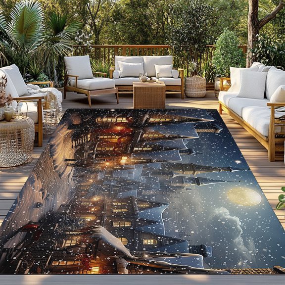 Outdoor Rug, Christmas Moon Night Sceneric Indoor Area Rug Outdoor Carpet RV Camping Rugs 3x5ft Winter Snowing Landscape Outside Mat for Patio Picnic Porch Deck Balcony Backyard