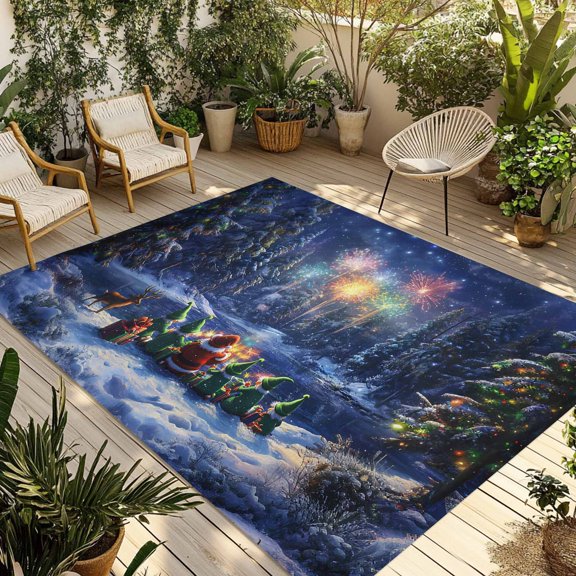 Outdoor Rug, Christmas Santa Claus Elves Watching Fireworks Indoor Area Rug Outdoor Carpet RV Camping Rugs 5x8ft Winter Snowflakes Outside Mat for Patio Picnic Porch Deck Balcony Backyard