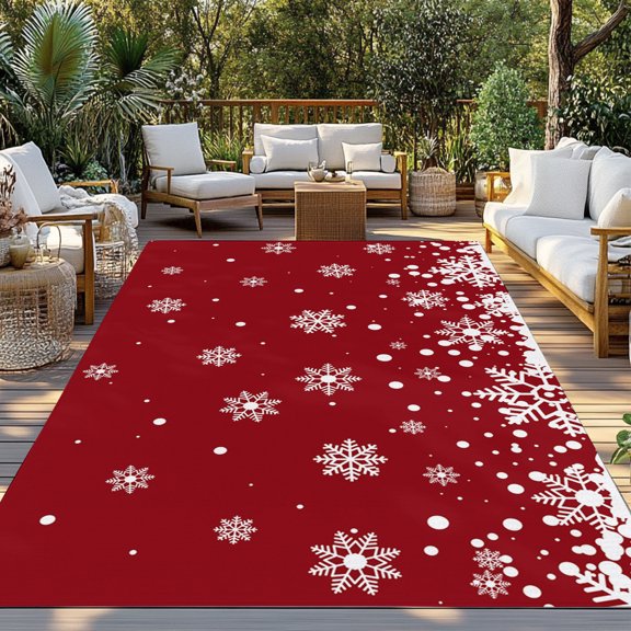 Outdoor Rug, Christmas Snowflake Red Back Indoor Area Rug Outdoor Carpet RV Camping Rugs 3x5ft Winter Falling Snow Outside Mat for Patio Picnic Porch Deck Balcony Backyard