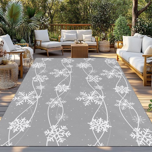 Outdoor Rug, Christmas Snowflakes on Grey Indoor Area Rug Outdoor Carpet RV Camping Rugs 3x5ft Winter Snows White Line Outside Mat for Patio Picnic Porch Deck Balcony Backyard