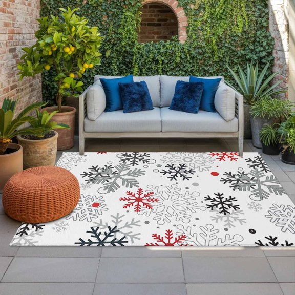 Outdoor Rug, Christmas Snowflakes White Red Indoor Area Rug Outdoor Carpet RV Camping Rugs 4x6ft Winter Falling Snow Seamless Outside Mat for Patio Picnic Porch Deck Balcony Backyard
