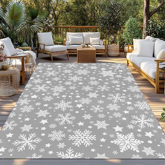 Outdoor Rug, Christmas Snowflakes Winter Snowy Indoor Area Rug Outdoor Carpet RV Camping Rugs 3x5ft Gray White Snow Outside Mat for Patio Picnic Porch Deck Balcony Backyard