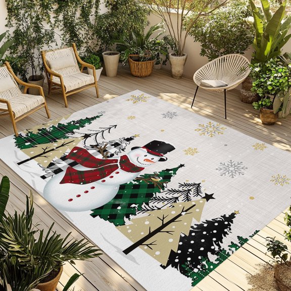 Outdoor Rug, Christmas Snowman Plaid Xmas Tree Indoor Area Rug Outdoor Carpet RV Camping Rugs 5x8ft Winter Snowflakes Outside Mat for Patio Picnic Porch Deck Balcony Backyard