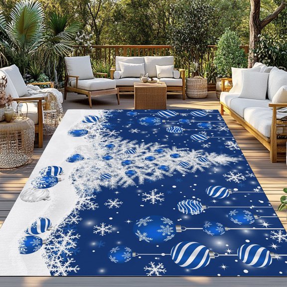 Outdoor Rug, Christmas Tree Blue Christmas Ball Indoor Area Rug Outdoor Carpet RV Camping Rugs 3x5ft Winter Falling Snow Outside Mat for Patio Picnic Porch Deck Balcony Backyard