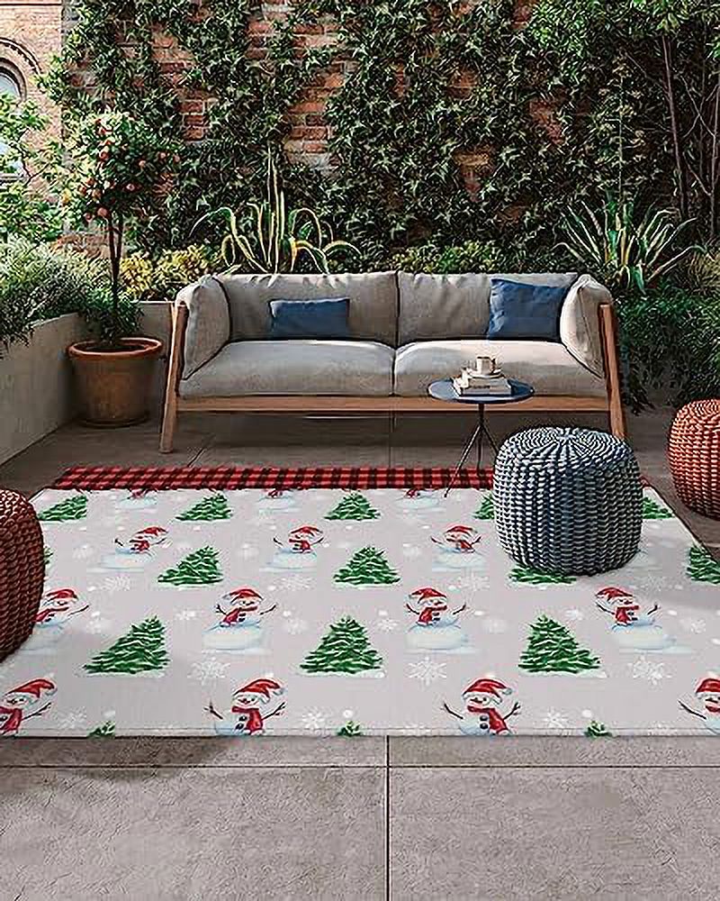 Outdoor Rug Christmas Tree with Snowflake Red Background Indoor Outdoor