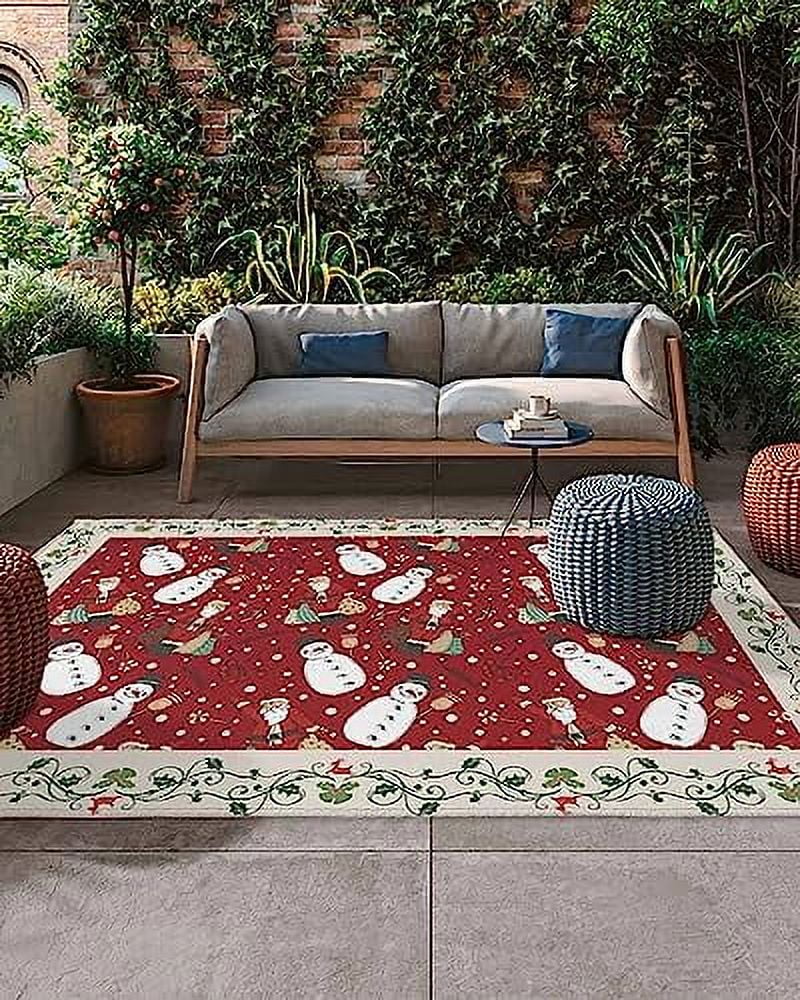 Outdoor Rug Christmas Tree Snowflake Red White Plaid Indoor Outdoor