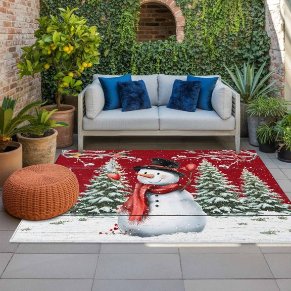 Outdoor Rug, Christmas Tree Snowman Red Wood Grain Indoor Area Rug Outdoor Carpet RV Camping Rugs 4x6ft Winter Branches Snowflake Outside Mat for Patio Picnic Porch Deck Balcony Backyard