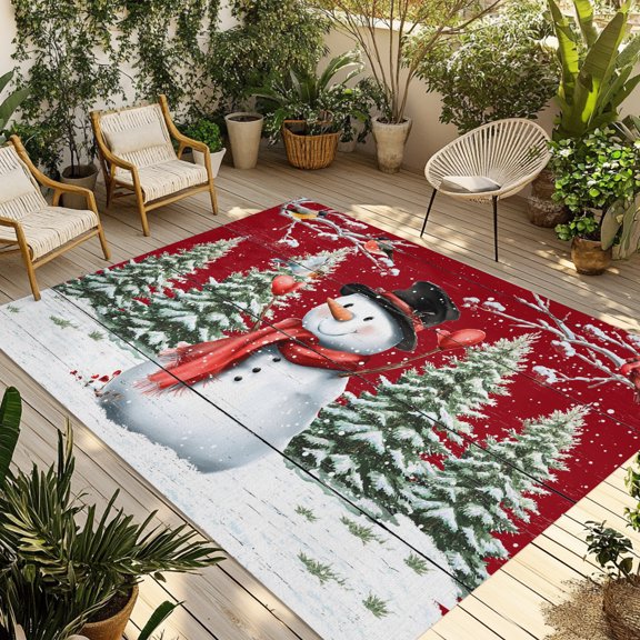Outdoor Rug, Christmas Tree Snowman Red Wood Grain Indoor Area Rug Outdoor Carpet RV Camping Rugs 5x8ft Winter Branches Snowflake Outside Mat for Patio Picnic Porch Deck Balcony Backyard