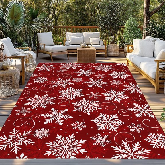 Outdoor Rug, Christmas White Snowflakes on Red Indoor Area Rug Outdoor Carpet RV Camping Rugs 3x5ft Winter Snow Seamless Outside Mat for Patio Picnic Porch Deck Balcony Backyard
