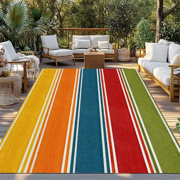 Outdoor Rug, Classic Red Blue Green Striped Indoor Area Rug Outdoor Carpet RV Camping Rugs 3x5ft Horizontal Stripes Outside Mat for Patio Picnic Porch Deck Balcony Backyard