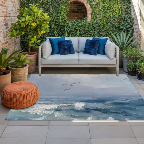Outdoor Rug, Coastal Seagulls Blue Crashing Waves Indoor Area Rug Outdoor Carpet RV Camping Rugs 4x6ft Rustic Seafoam Outside Mat for Patio Picnic Porch Deck Balcony Backyard