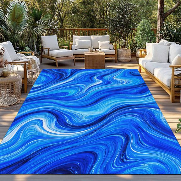 Outdoor Rug, Cobalt Blue Swirling Waves Indoor Area Rug Outdoor Carpet RV Camping Rugs 3x5ft Marble Veins Pattern Outside Mat for Patio Picnic Porch Deck Balcony Backyard