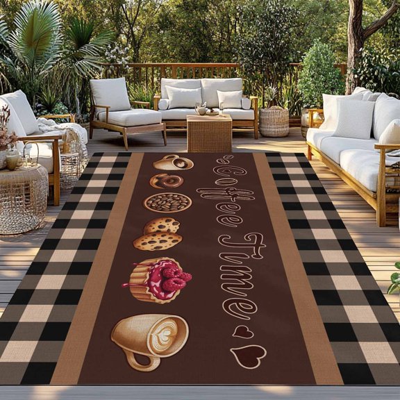 Outdoor Rug, Coffee Time Text Theme Indoor Area Rug Outdoor Carpet RV Camping Rugs 3x5ft Farmhouse Brown Buffalo Plaid Outside Mat for Patio Picnic Porch Deck Balcony Backyard