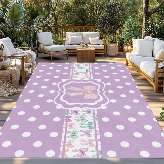 Outdoor Rug, Colorful Bow White Dots on Purple Indoor Area Rug Outdoor Carpet RV Camping Rugs 3x5ft Modern Bowknot Polka Dot Outside Mat for Patio Picnic Porch Deck Balcony Backyard