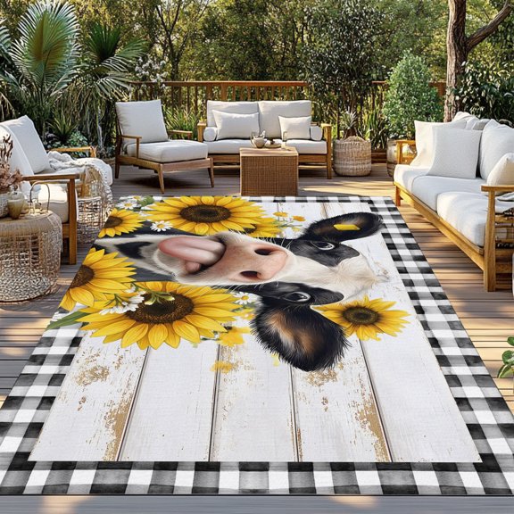 Outdoor Rug, Country Abstract Cow Buffalo Check Indoor Area Rug Outdoor Carpet RV Camping Rugs 3x5ft Farmhouse Flower Wood Board Outside Mat for Patio Picnic Porch Deck Balcony Backyard