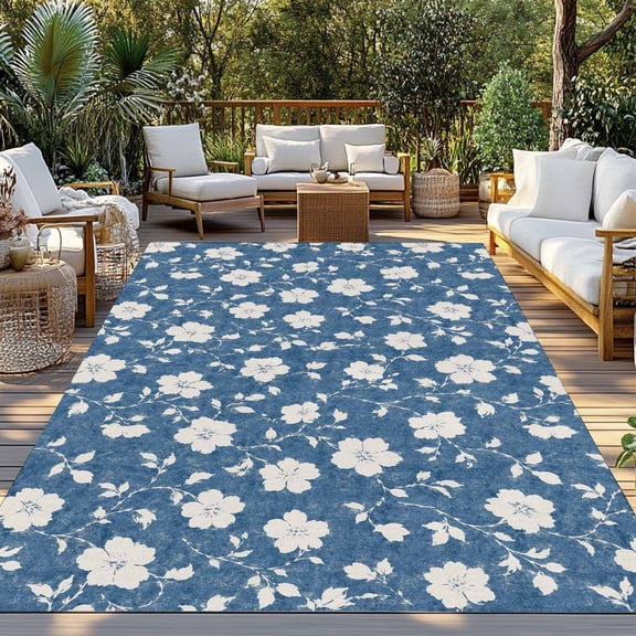 Outdoor Rug, Country Blossom Flower Seamless Indoor Area Rug Outdoor Carpet RV Camping Rugs 3x5ft Farmhouse Plant on Blue Outside Mat for Patio Picnic Porch Deck Balcony Backyard