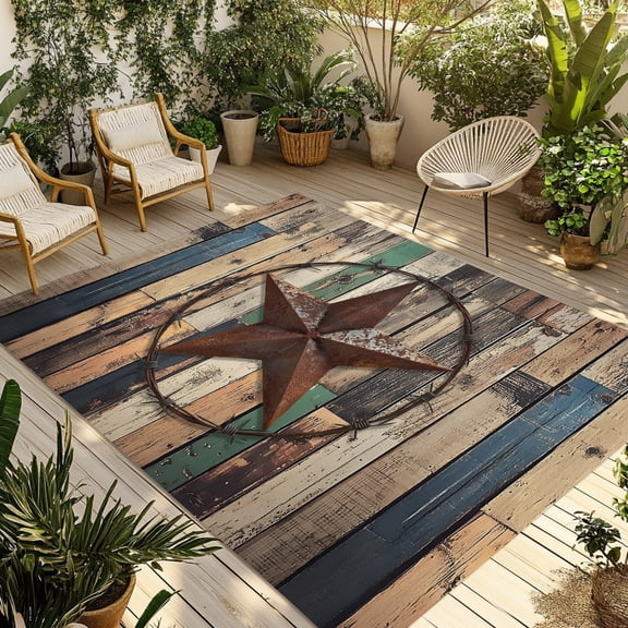 Outdoor Rug, Country Star Farm Wood Grain Absorbant Non-Slip Area Rugs Mat Carpet for Patio Balcony Porch Backyard Deck Rv Camping 5x8ft Farmhouse Western Texas