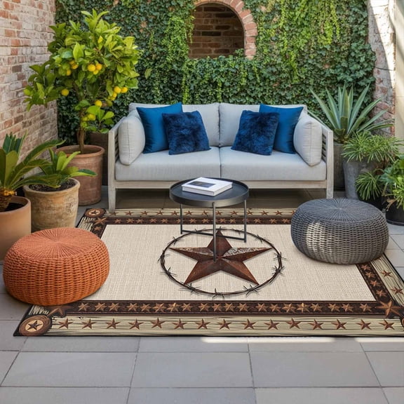 Outdoor Rug, Country Star Texas Farm Wood Plank Absorbant Non-Slip Area Rugs Mat Carpet for Patio Balcony Porch Backyard Deck Rv Camping 4x6ft Farmhouse Vintage Linen