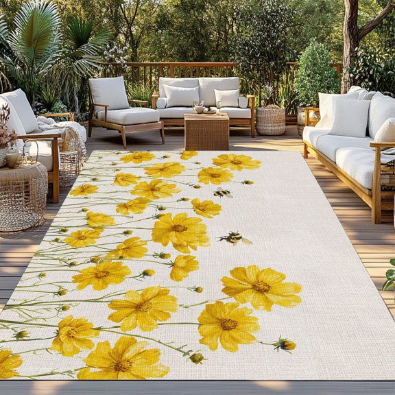Outdoor Rug, Country Yellow Flower Bee Indoor Area Rug Outdoor Carpet RV Camping Rugs 3x5ft Farm Plant Retro Linen Outside Mat for Patio Picnic Porch Deck Balcony Backyard