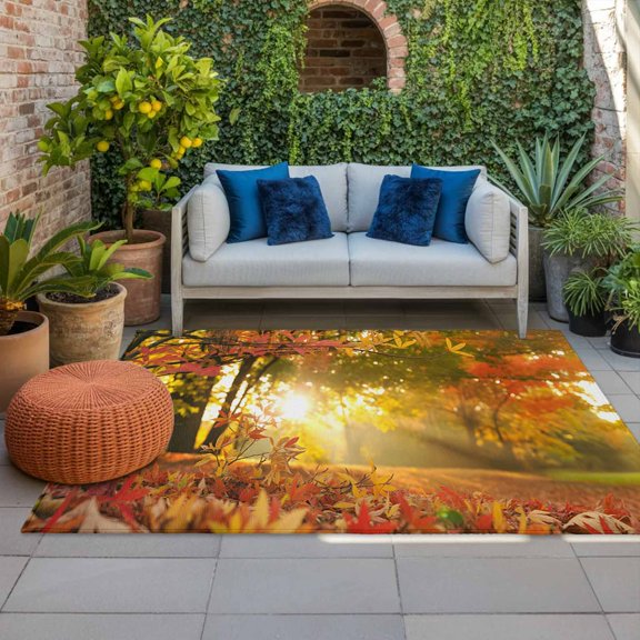 Outdoor Rug, Countryside Autumn Maple Leaf Indoor Area Rug Outdoor Carpet RV Camping Rugs 4x6ft Fall Sunset Woods Outside Mat for Patio Picnic Porch Deck Balcony Backyard