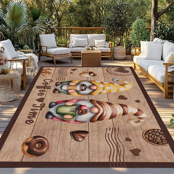 Outdoor Rug, Countryside Dwarfs on Retro Wood Indoor Area Rug Outdoor Carpet RV Camping Rugs 3x5ft Coffee Time Words Outside Mat for Patio Picnic Porch Deck Balcony Backyard