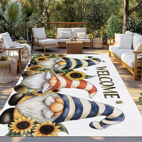 Outdoor Rug, Cute Dwarf Sunflower on White Indoor Area Rug Outdoor Carpet RV Camping Rugs 3x5ft Retro Red Blue Striped Outside Mat for Patio Picnic Porch Deck Balcony Backyard