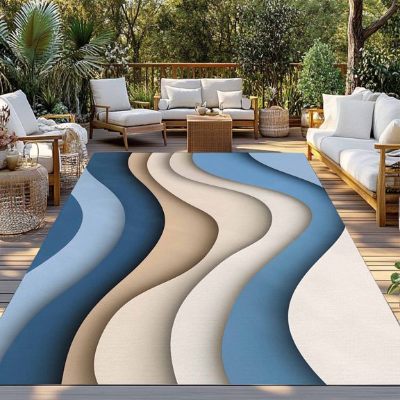 Outdoor Rug, Dark Blue Brown Gradient Abstract Waves Indoor Area Rug Outdoor Carpet RV Camping Rugs 3x5ft Water Ripple Outside Mat for Patio Picnic Porch Deck Balcony Backyard