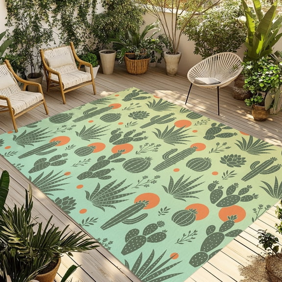 Outdoor Rug, Desert Round Barrel Cactus Indoor Area Rug Outdoor Carpet RV Camping Rugs 5x8ft Terracotta Sun Discs Outside Mat for Patio Picnic Porch Deck Balcony Backyard