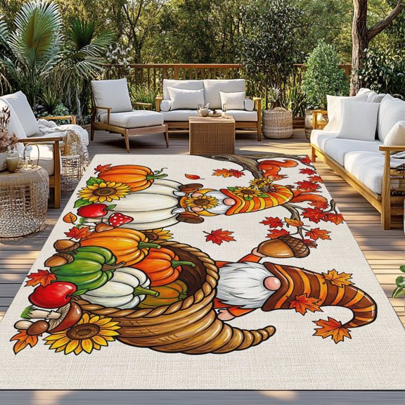 Outdoor Rug, Dwarf Thanksgiving Pumpkin Cornucopia Indoor Area Rug Outdoor Carpet RV Camping Rugs 3x5ft Autumn Maple Leaves Outside Mat for Patio Picnic Porch Deck Balcony Backyard