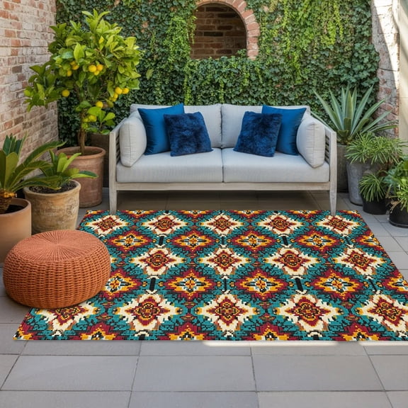 Outdoor Rug, Ethnic Teal Orange Geometric Art Indoor Area Rug Outdoor Carpet RV Camping Rugs 4x6ft Native Tribal Retro Pattern Outside Mat for Patio Picnic Porch Deck Balcony Backyard