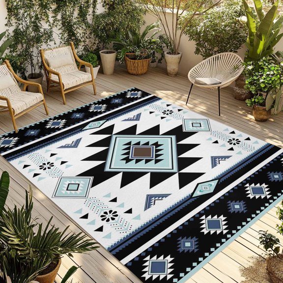Outdoor Rug, Ethnic Tribal Aztec Geometric Pattern Absorbant Non-Slip Area Rugs Mat Carpet for Patio Balcony Porch Backyard Deck Rv Camping 5x8ft Blue Black White