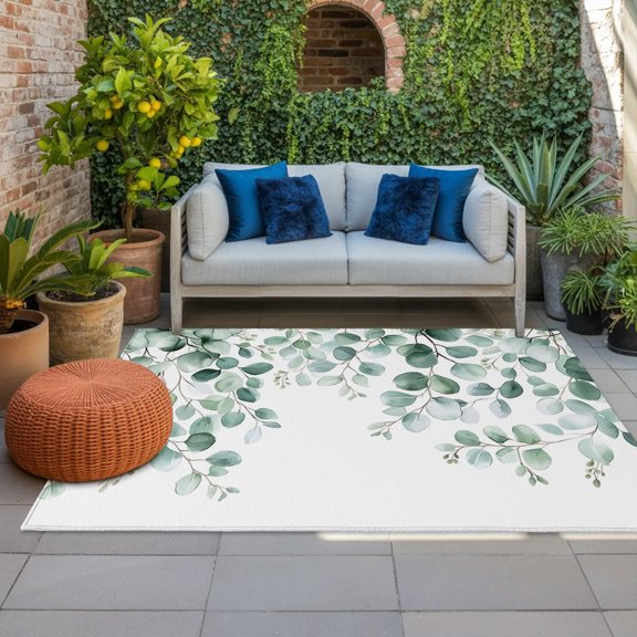 Outdoor Rug, Eucalyptus Leaves Green Gradient Indoor Area Rug Outdoor Carpet RV Camping Rugs 4x6ft Farm Foliage on White Outside Mat for Patio Picnic Porch Deck Balcony Backyard