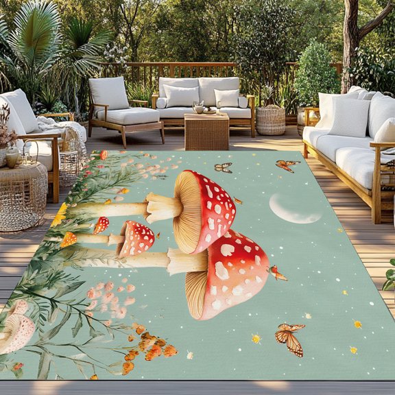 Outdoor Rug, Fairy World Mushroom on Teal Indoor Area Rug Outdoor Carpet RV Camping Rugs 3x5ft Pastoral Floral Butterfly Outside Mat for Patio Picnic Porch Deck Balcony Backyard