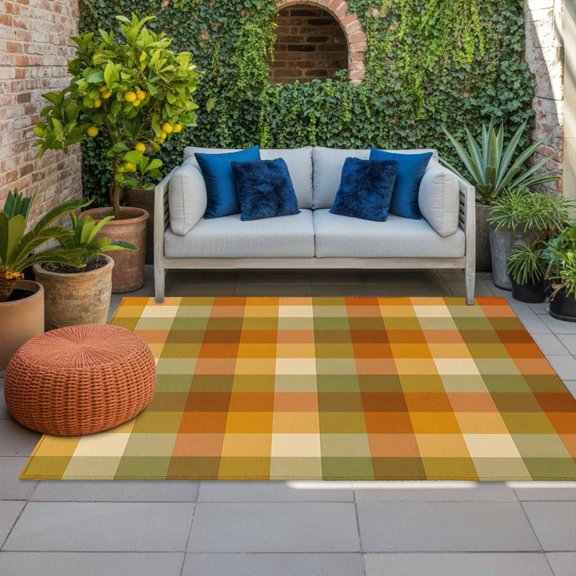 Outdoor Rug, Fall Farmhouse Gingham Grid Indoor Area Rug Outdoor Carpet RV Camping Rugs 4x6ft Vintage Boho Plaid Outside Mat for Patio Picnic Porch Deck Balcony Backyard
