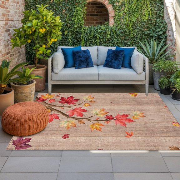Outdoor Rug, Fall Maple Leaf Wood Plank Indoor Area Rug Outdoor Carpet RV Camping Rugs 4x6ft Fallen Leaves Retro Wooden Outside Mat for Patio Picnic Porch Deck Balcony Backyard