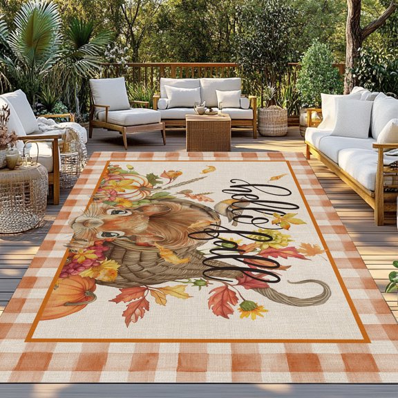 Outdoor Rug, Fall Pumpkin Fruit Cornucopia Cute Squirrel on Linen Indoor Area Rug Outdoor Carpet RV Camping Rugs 3x5ft Thanksgiving Outside Mat for Patio Picnic Porch Deck Balcony Backyard
