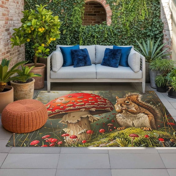 Outdoor Rug, Fall Squirrel Mushroom Plant Indoor Area Rug Outdoor Carpet RV Camping Rugs 4x6ft Nature Forest Landscape Outside Mat for Patio Picnic Porch Deck Balcony Backyard
