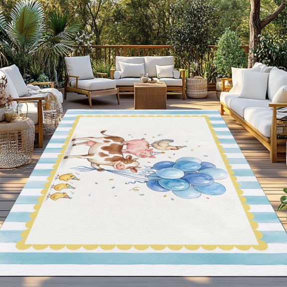Outdoor Rug, Farm Animals Cattle Pig Hen Indoor Area Rug Outdoor Carpet RV Camping Rugs 3x5ft Cute Chick Blue Balloon Outside Mat for Patio Picnic Porch Deck Balcony Backyard