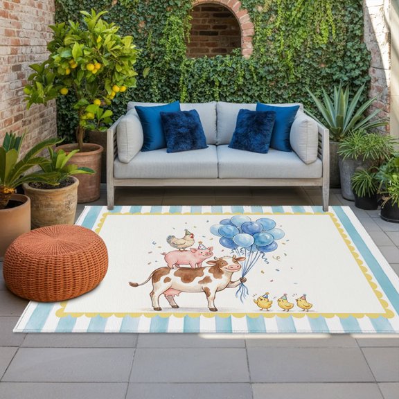 Outdoor Rug, Farm Animals Cattle Pig Hen Indoor Area Rug Outdoor Carpet RV Camping Rugs 4x6ft Cute Chick Blue Balloon Outside Mat for Patio Picnic Porch Deck Balcony Backyard