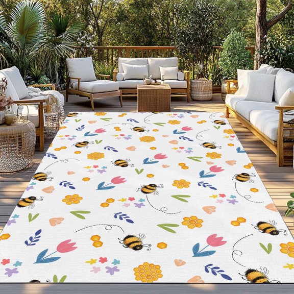 Outdoor Rug, Farm Bees Colorful Flower Leaves Indoor Area Rug Outdoor Carpet RV Camping Rugs 3x5ft Watercolor Floral Honeycomb Outside Mat for Patio Picnic Porch Deck Balcony Backyard