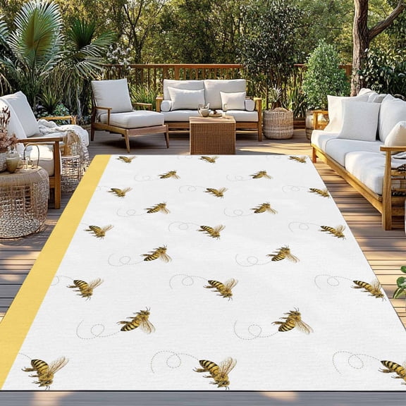 Outdoor Rug, Farm Honey Bee Swirling Yellow Indoor Area Rug Outdoor Carpet RV Camping Rugs 3x5ft Rustic Seamless Insects Outside Mat for Patio Picnic Porch Deck Balcony Backyard