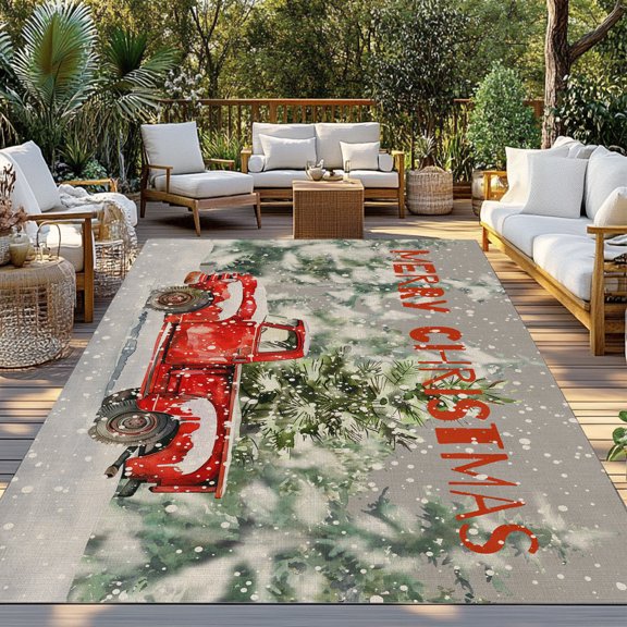 Outdoor Rug, Farm Red Truck Christmas Tree on Gray Indoor Area Rug Outdoor Carpet RV Camping Rugs 3x5ft Winter Falling Snow Outside Mat for Patio Picnic Porch Deck Balcony Backyard