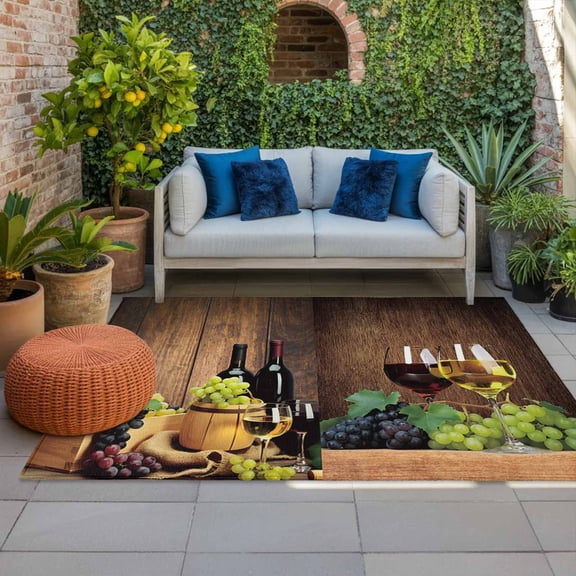 Outdoor Rug, Farm Red Wine Grapes Wine Barrel Indoor Area Rug Outdoor Carpet RV Camping Rugs 4x6ft Vintage Brown Wood Board Outside Mat for Patio Picnic Porch Deck Balcony Backyard