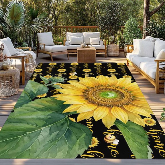 Outdoor Rug, Farm Sunflowers Bees Indoor Area Rug Outdoor Carpet RV Camping Rugs 3x5ft Home Words Background Outside Mat for Patio Picnic Porch Deck Balcony Backyard