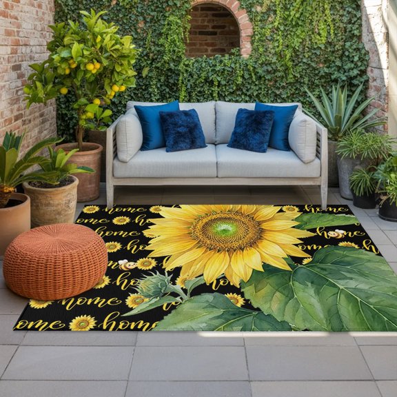 Outdoor Rug, Farm Sunflowers Bees Indoor Area Rug Outdoor Carpet RV Camping Rugs 4x6ft Home Words Background Outside Mat for Patio Picnic Porch Deck Balcony Backyard
