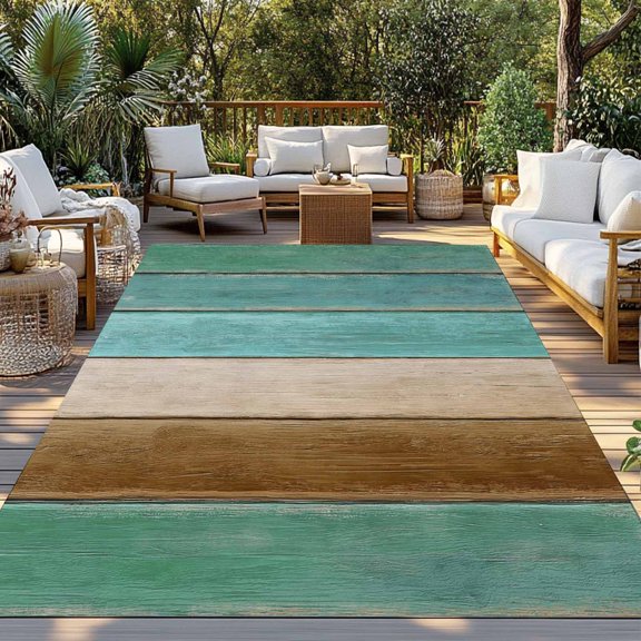 Outdoor Rug, Farm Teal Vintage Wood Board Indoor Area Rug Outdoor Carpet RV Camping Rugs 3x5ft Brown Wood Grain Outside Mat for Patio Picnic Porch Deck Balcony Backyard