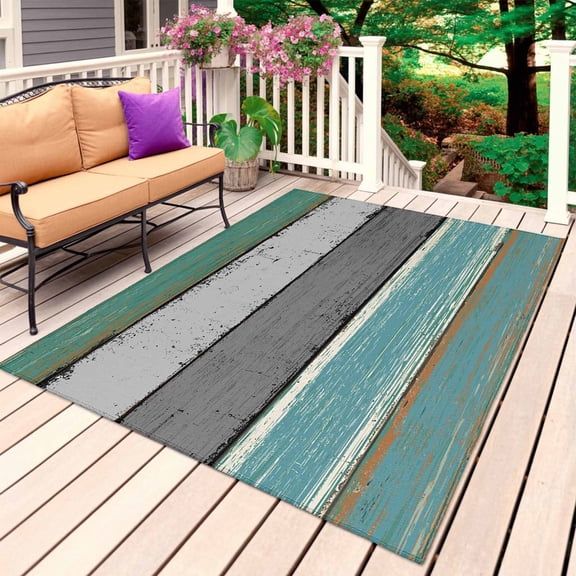 Outdoor Rug, Farm Teal Wood Board Absorbant Non-Slip Area Rugs Mat Carpet for Patio Balcony Porch Backyard Deck Rv Camping 3x5ft Farmhouse Shabby Wooden Grain