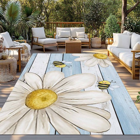 Outdoor Rug, Farm White Daisy Bees Indoor Area Rug Outdoor Carpet RV Camping Rugs 3x5ft Blue Wood Board Background Outside Mat for Patio Picnic Porch Deck Balcony Backyard